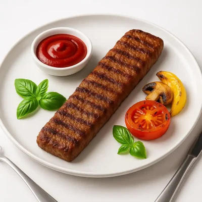 کباب برگ گیاهی وایزفود سرو شده در بشقاب رستورانی لوکس همراه با گوجه، قارچ، فلفل و ریحان