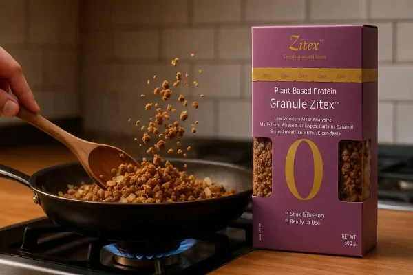 تصویر در حال پخت جایگزین گوشت چرخ کرده گیاهی زیتکس روی گاز در سناریوی اکشن آشپزی